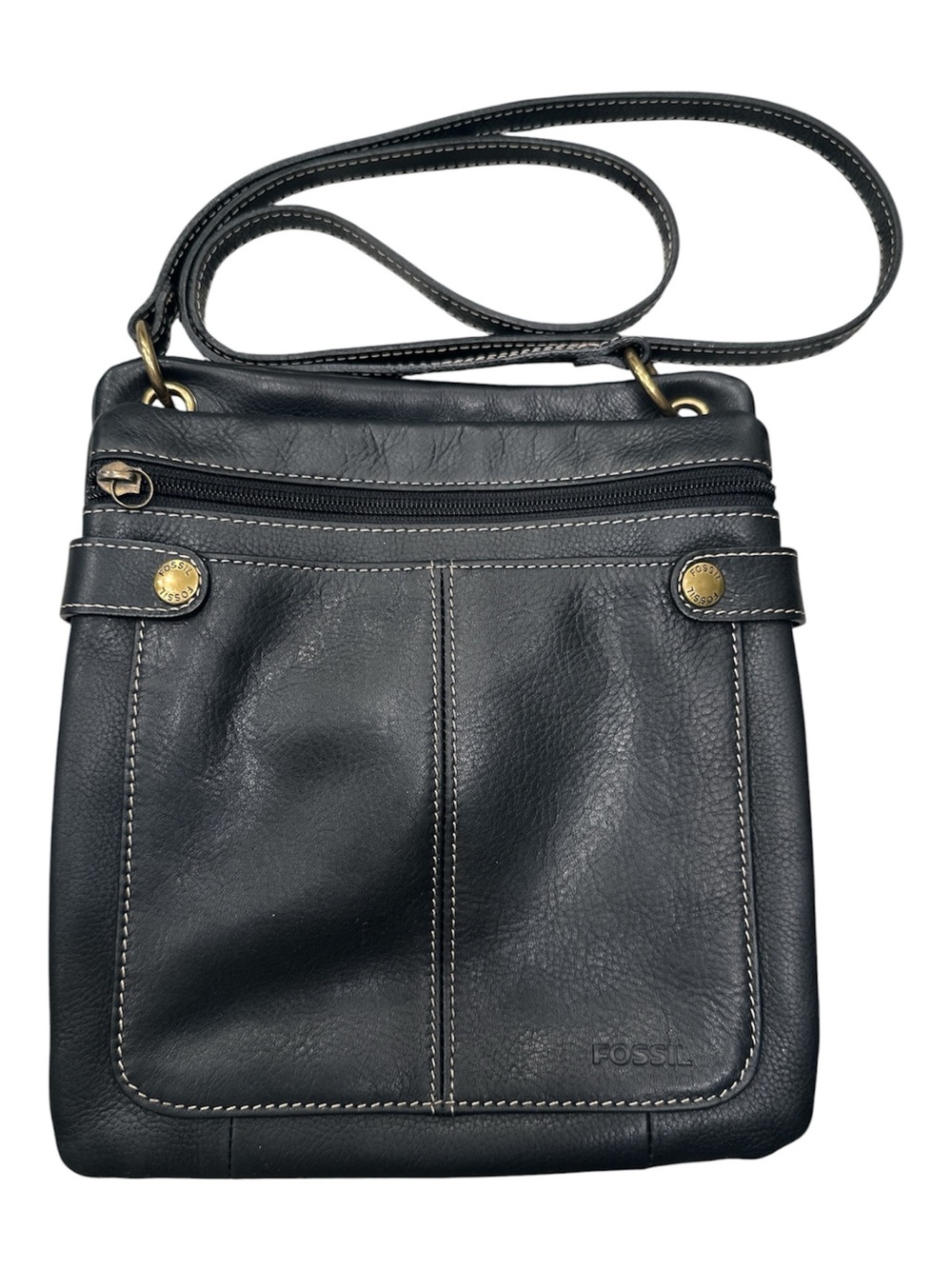 Fossil Black Leather Crossbody Bag Purse Zip Pockets Brass Hardware